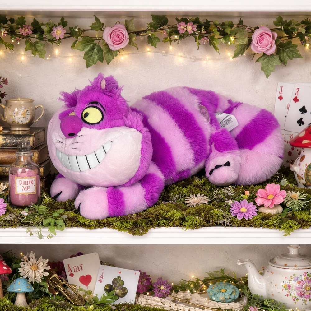 Disney Store Cheshire Cat Plush 16” Alice In Wonderland Pink Striped Stuffed Toy